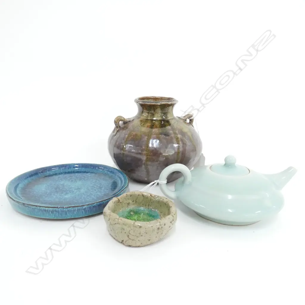 MING STYLE VASE, BLUE PLATE, CELADON TEA POT & CUP Image 1++