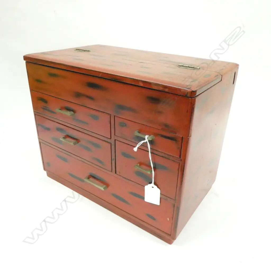 VINTAGE JAPANESE ‘HARI-BAKO’ SEWING BOX - RED & BLACK LACQUER - TOP HINGED TRAY & 5 DRAWERS 320 X 200 X 260MM Image 1++