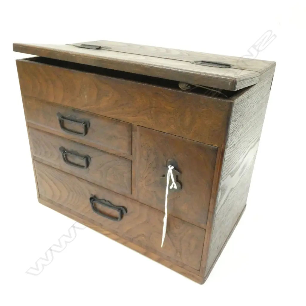 VINTAGE JAPANESE ‘HARI-BAKO’ SEWING BOX - TOP HINGED TRAY & 4 DRAWERS 235 X 210 X 280MM Image 1++