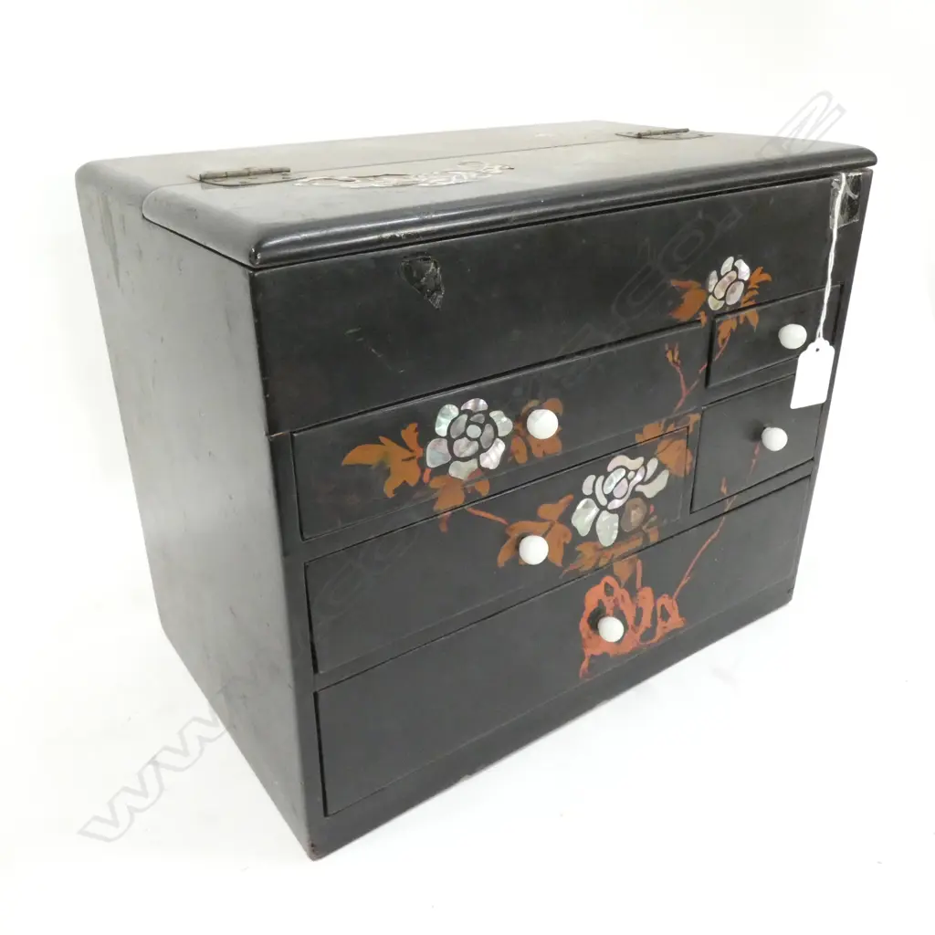 VINTAGE JAPANESE ‘HARI-BAKO’ SEWING BOX - BLACK LACQUER - WHITE CERAMIC HANDLES & MOP DESIGN  .... Image 1++