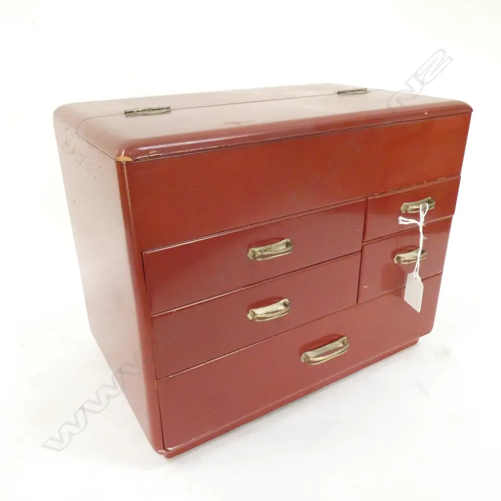 VINTAGE JAPANESE ‘HARI-BAKO’ SEWING BOX - RED LACQUER - TOP HINGED TRAY & 5 DRAWERS 320 X 200 X 260MM Image 1++
