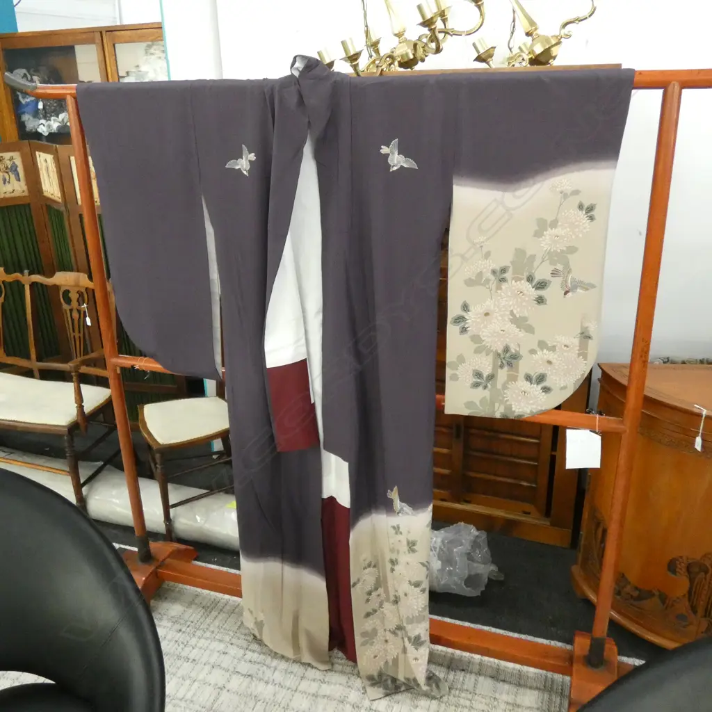 PURPLE SILK KOMON KIMONO - A BIRD EACH SIDE TOP FRONT & BEIGE SLEEVES WITH BIRDS & LILAC CHRYSANTHEMUMS /GREEN FOLIAGE. Image 1++