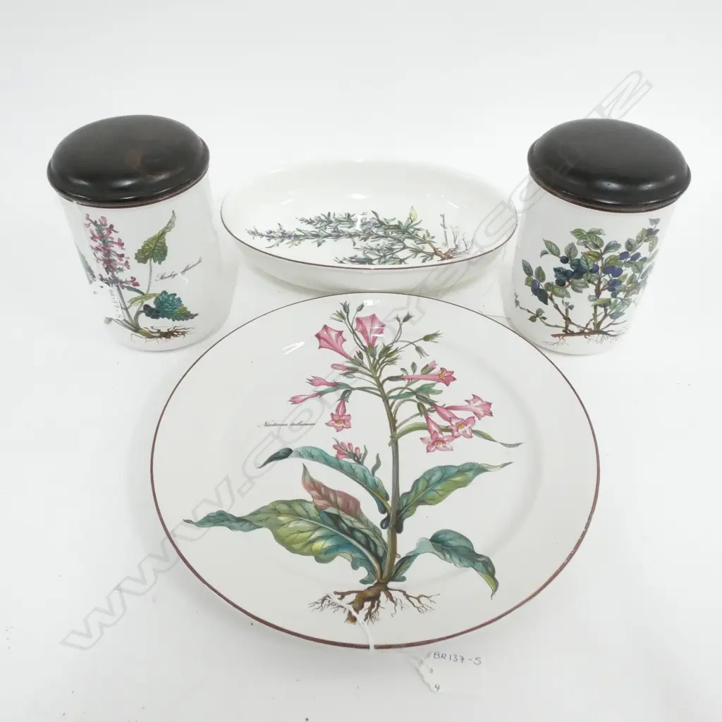 4 PCES VILLEROY & BOCH BOTANICA - LG PLATTER (DIA 315MM) OVAL DISH & 2 CANISTERS W. WOODEN LIDS. H. 160MM Image 1++
