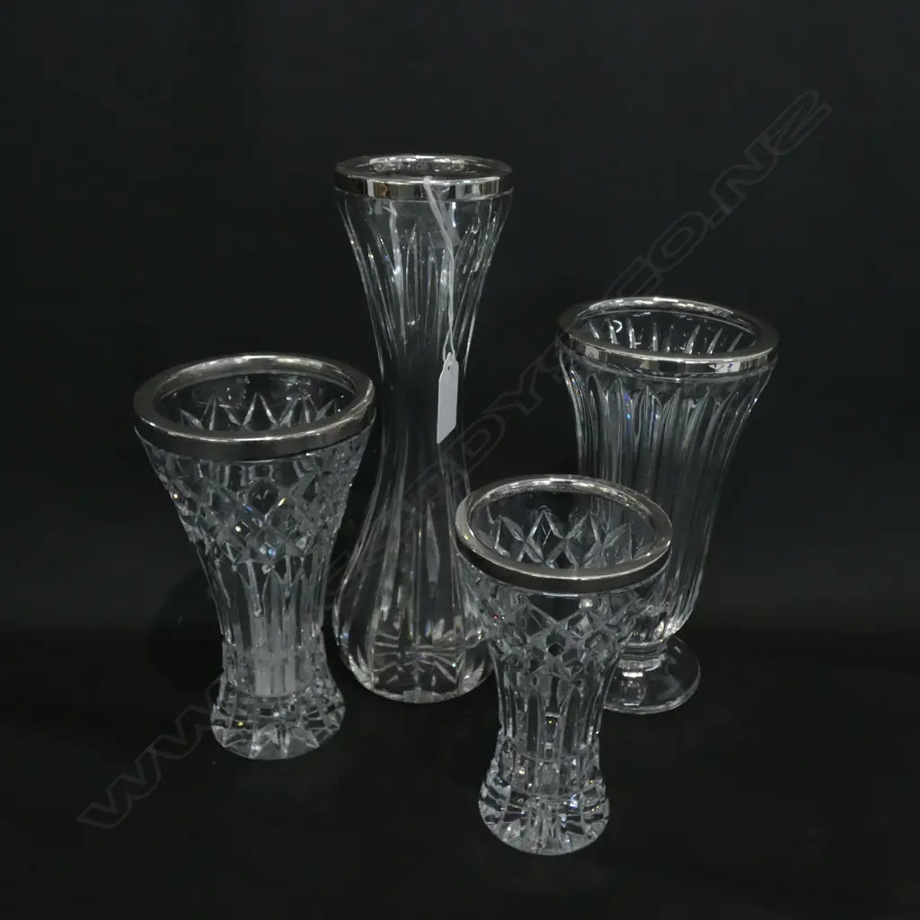 FOUR CUT GLASS 925 SILVER RIMMED VASES. TALLEST H. 250MM Image 1++