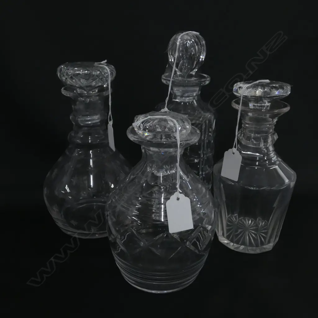 4X ANTIQUE CRYSTAL AND GLASS DECANTERS ( ONE STOPPER MISSING)  Image 1++