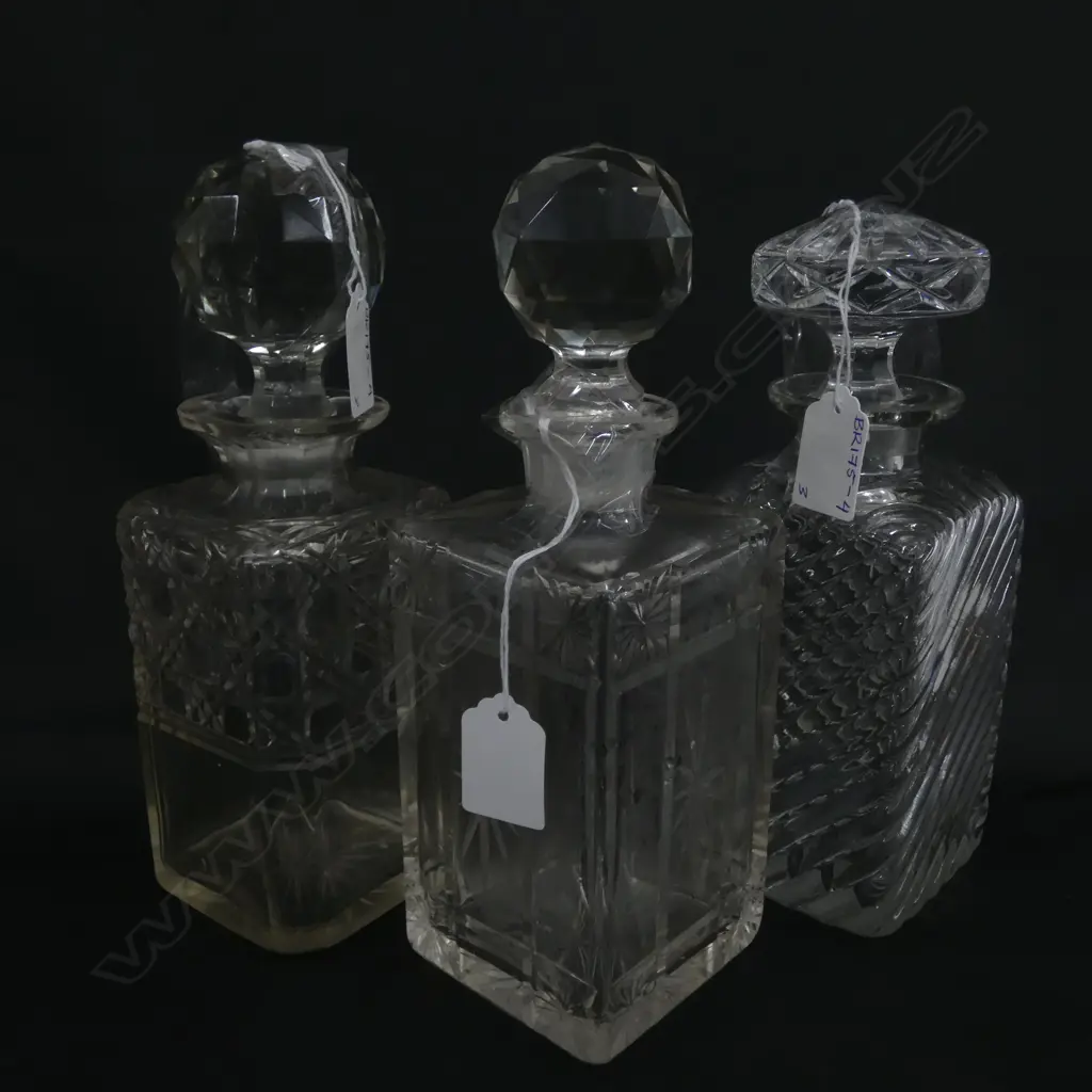 3 VARIOUS ANTIQUE SQUARE DECANTERS Image 1++