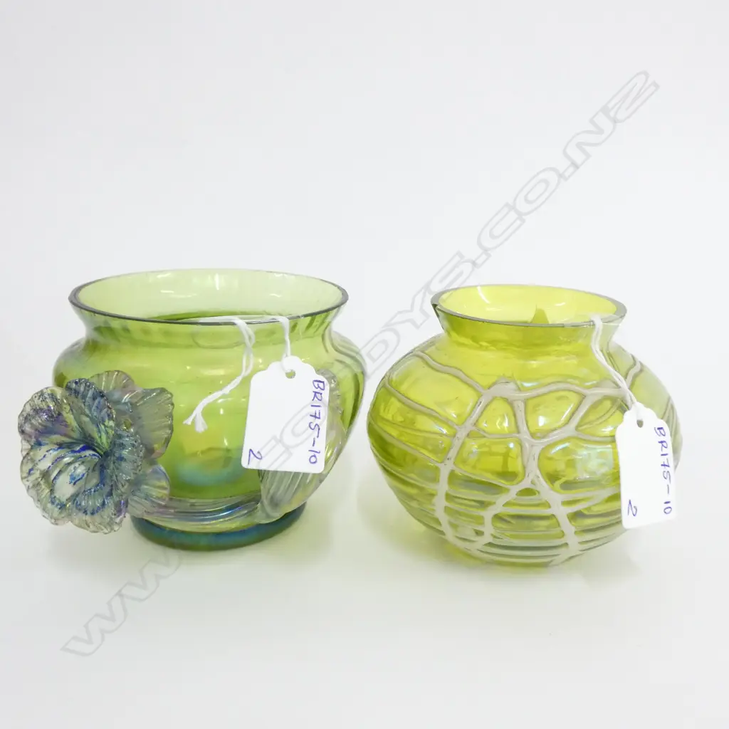 2X IRIDESCENT GREEN VASES A/F Image 1++