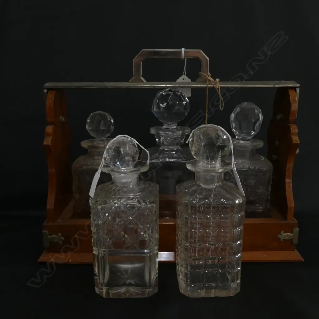 ANTIQUE TANTALUS WITH FIVE VARIOUS DECANTERS.  MAKER G BETJEMANN & SONS LONDON  Image 1++