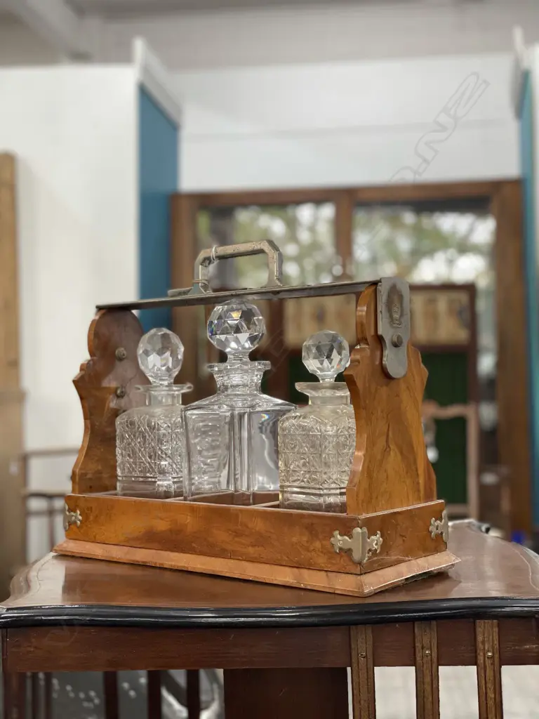 ANTIQUE TANTALUS WITH FIVE VARIOUS DECANTERS.  MAKER G BETJEMANN & SONS LONDON  Image 1++
