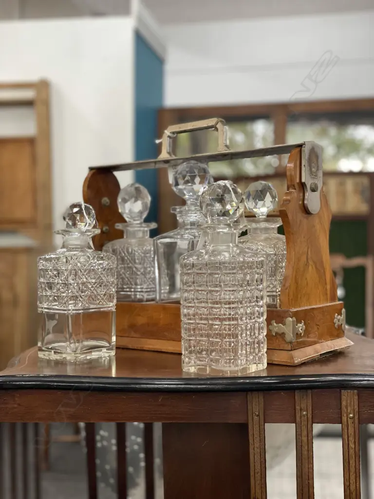ANTIQUE TANTALUS WITH FIVE VARIOUS DECANTERS.  MAKER G BETJEMANN & SONS LONDON  Image 1++