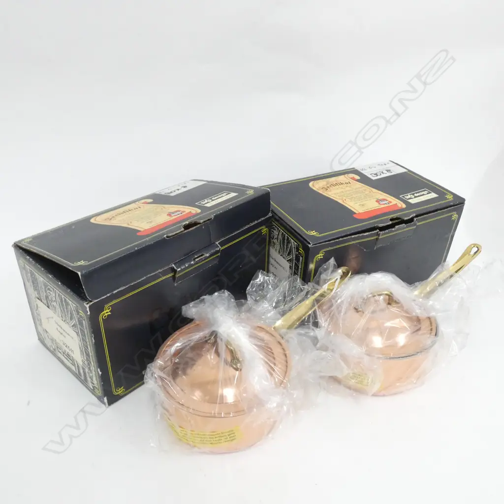 PR SKS DESIGN SM COPPER SAUCEPANS & LIDS - IN ORIGINAL BOXES DIA. 130MM Image 1++