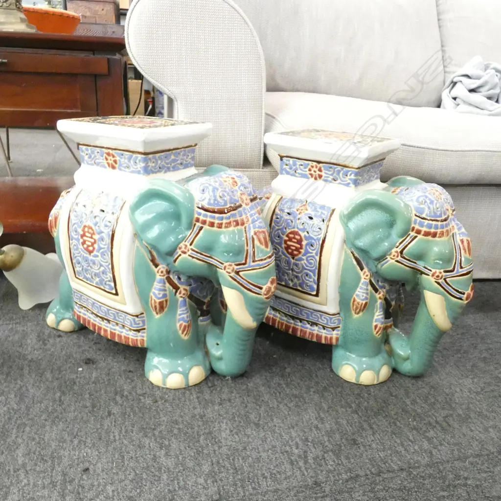 PR VINTAGE CERAMIC HAND PAINTED ELEPHANT STOOLS H. 430mm Image 1++