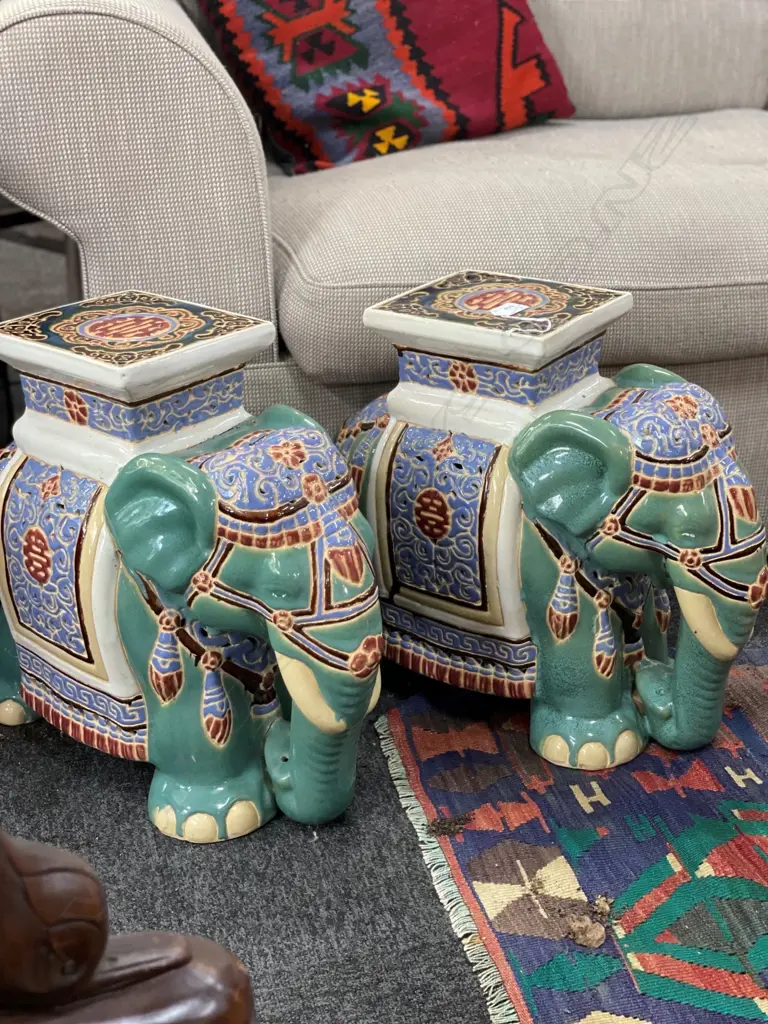 PR VINTAGE CERAMIC HAND PAINTED ELEPHANT STOOLS H. 430mm Image 1++