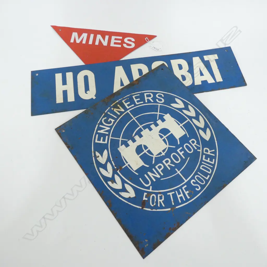 3 VINTAGE ENAMEL SIGNS; 'HQ ARGBAT', 'MINES' & 'ENGINEERS FOR THE SOLDIER' 300mm sq Image 1++