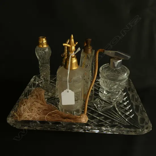 5 CRYSTAL PERFUME BOTTLES & TRAY H.170mm