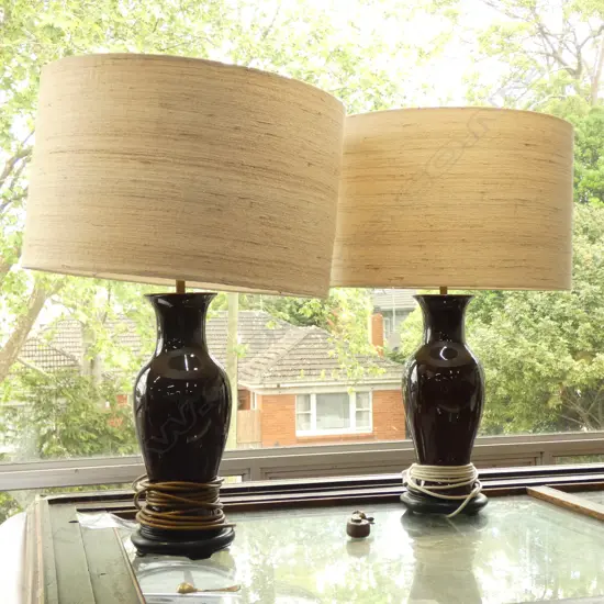 PR BROWN GLAZE ORIENTAL LAMPS H.615mm 405mm dia
