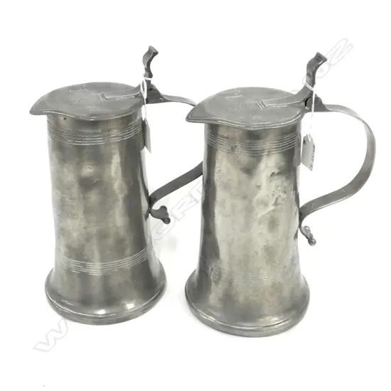 PAIR OLD LARGE ANTIQUE STYLE PEWTER TANKARDS H.290mm