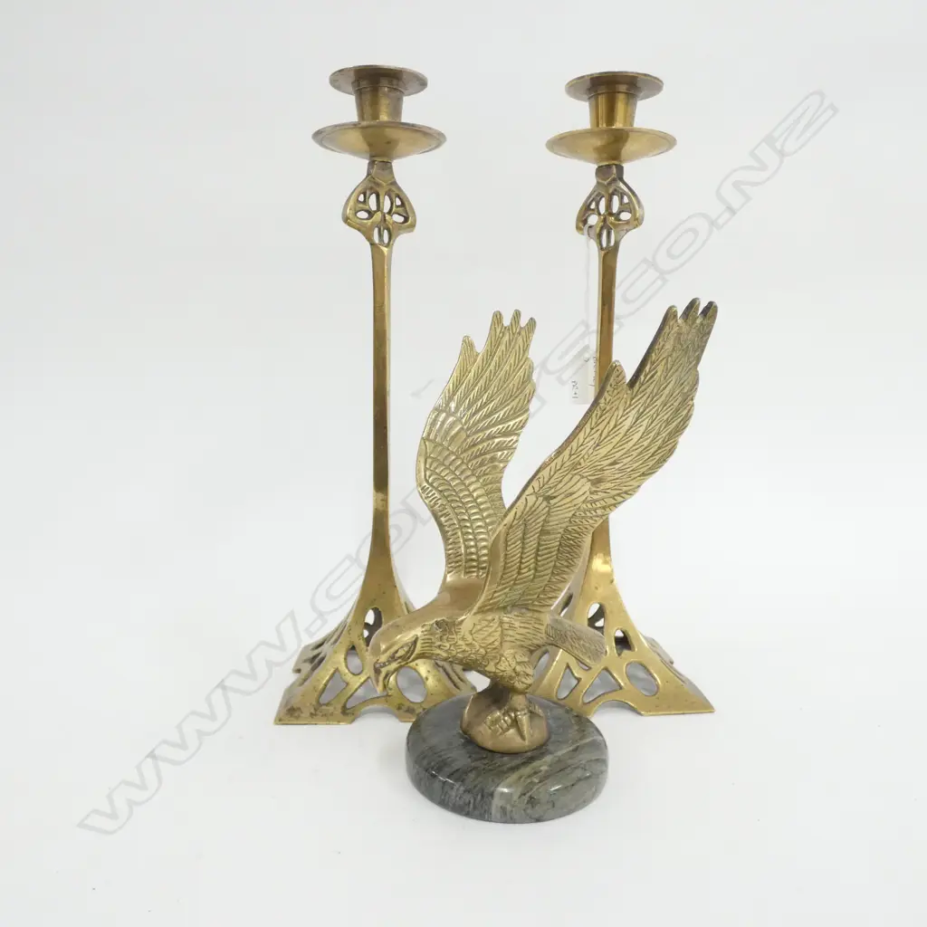 PR ART NOUVEAU STYLE BRASS CANDLESTICKS H.360mm + BRASS EAGLE Image 1++