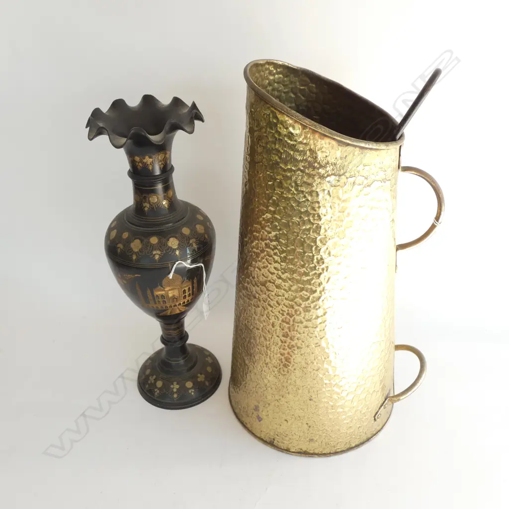 ETCHED INDIAN METAL VASE + TALL BRASS COALS BUCKET H.500mm Image 1++
