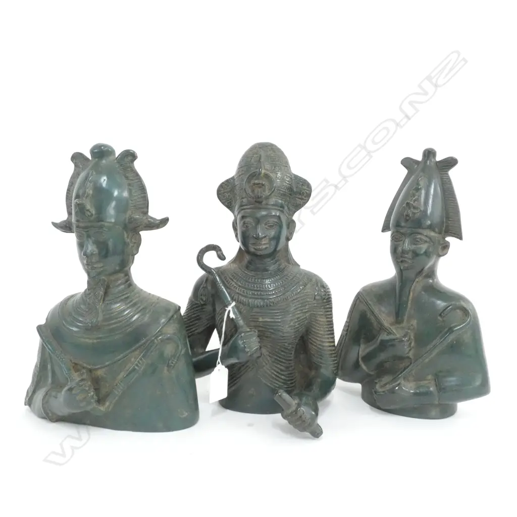 3 BRONZE EGYPTIAN PHAROH BUST FIGURES H.280mm Image 1++