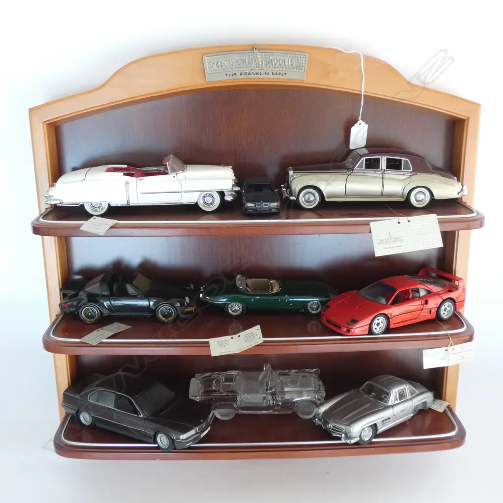 BOX LOT ASST. MODEL CARS + WOODEN DISPLAY RACK Image 1++