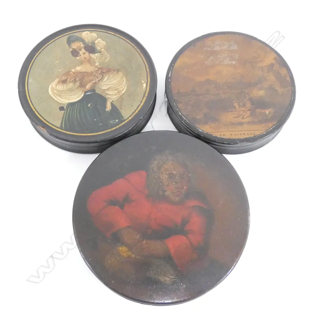 3X 19TH C. FRENCH PAPER MACHE ROUND TABLE SNUFF Image 1++