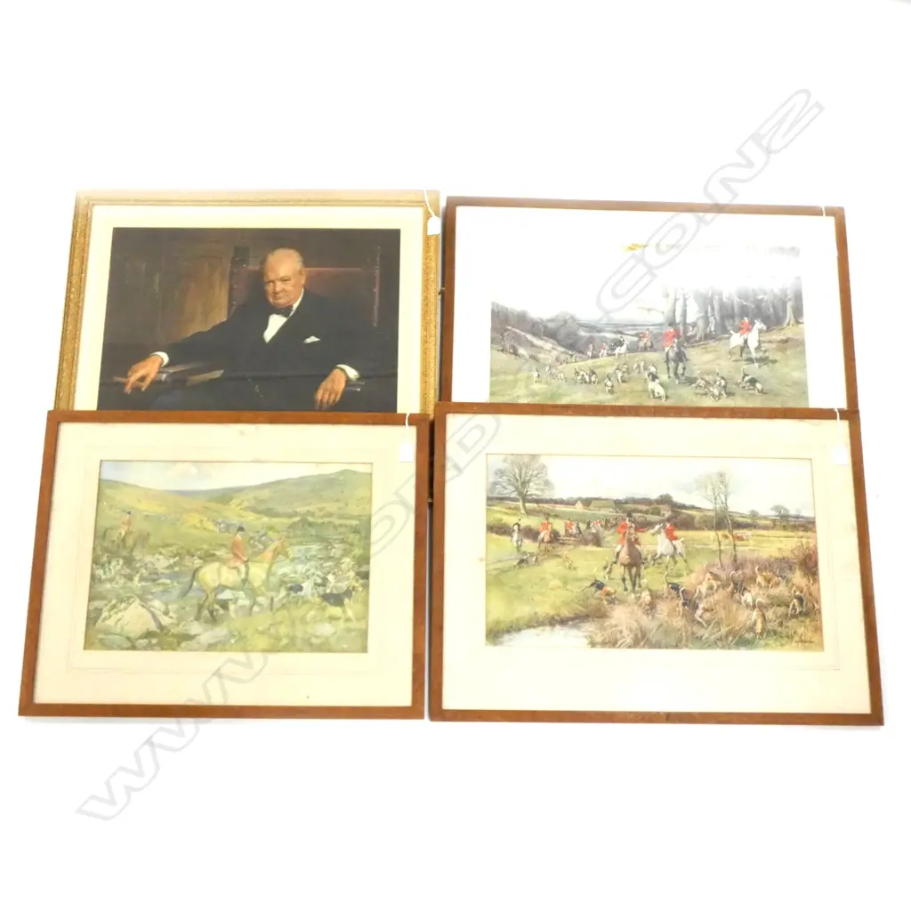 4 PRINTS; CHURCHILL, X3 HUNTING 1 w. GLASS AF 345x590mm Image 1++