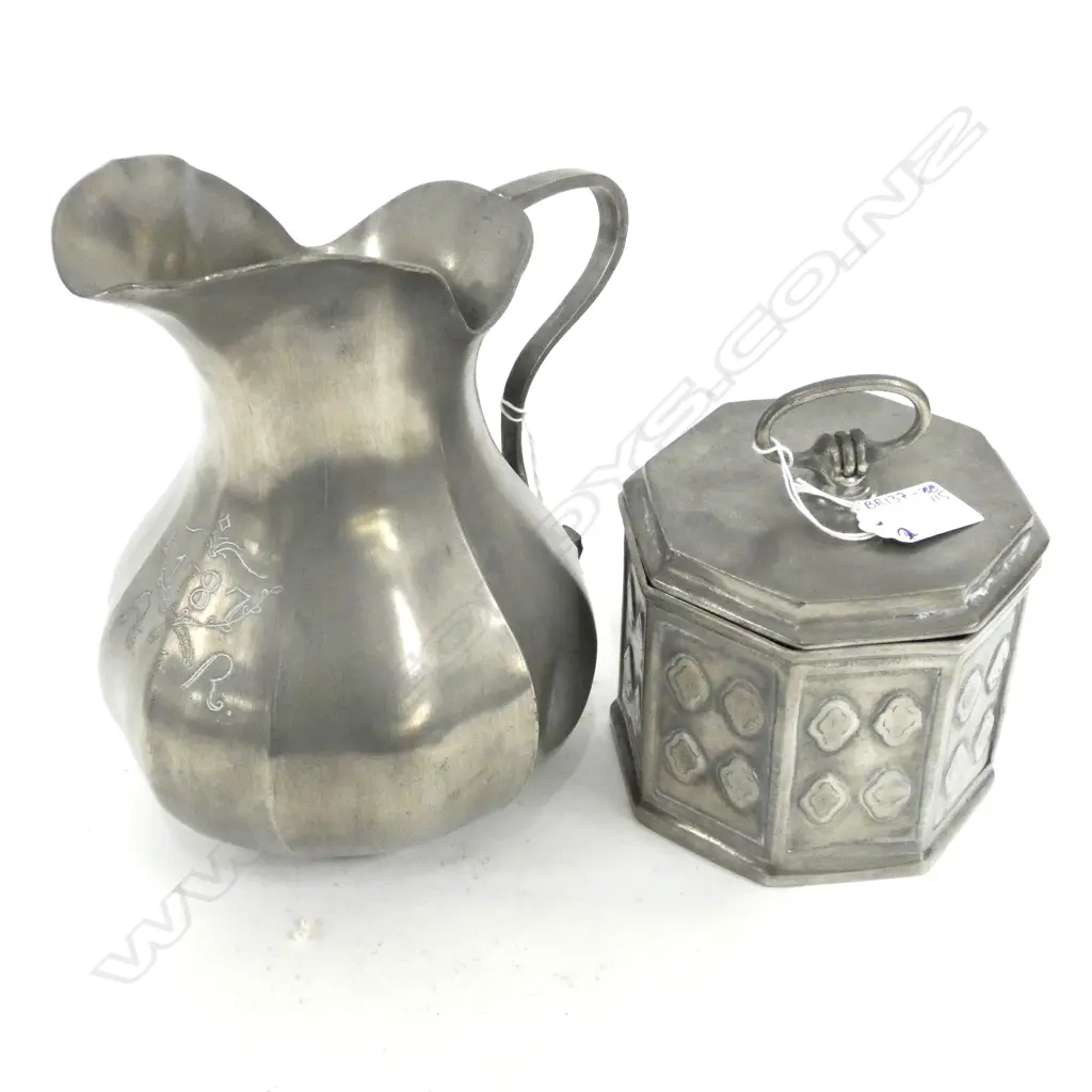 ANTIQUE STYLE PEWTER JUG "1787" + LIDDED TOBACCO BOX Image 1++