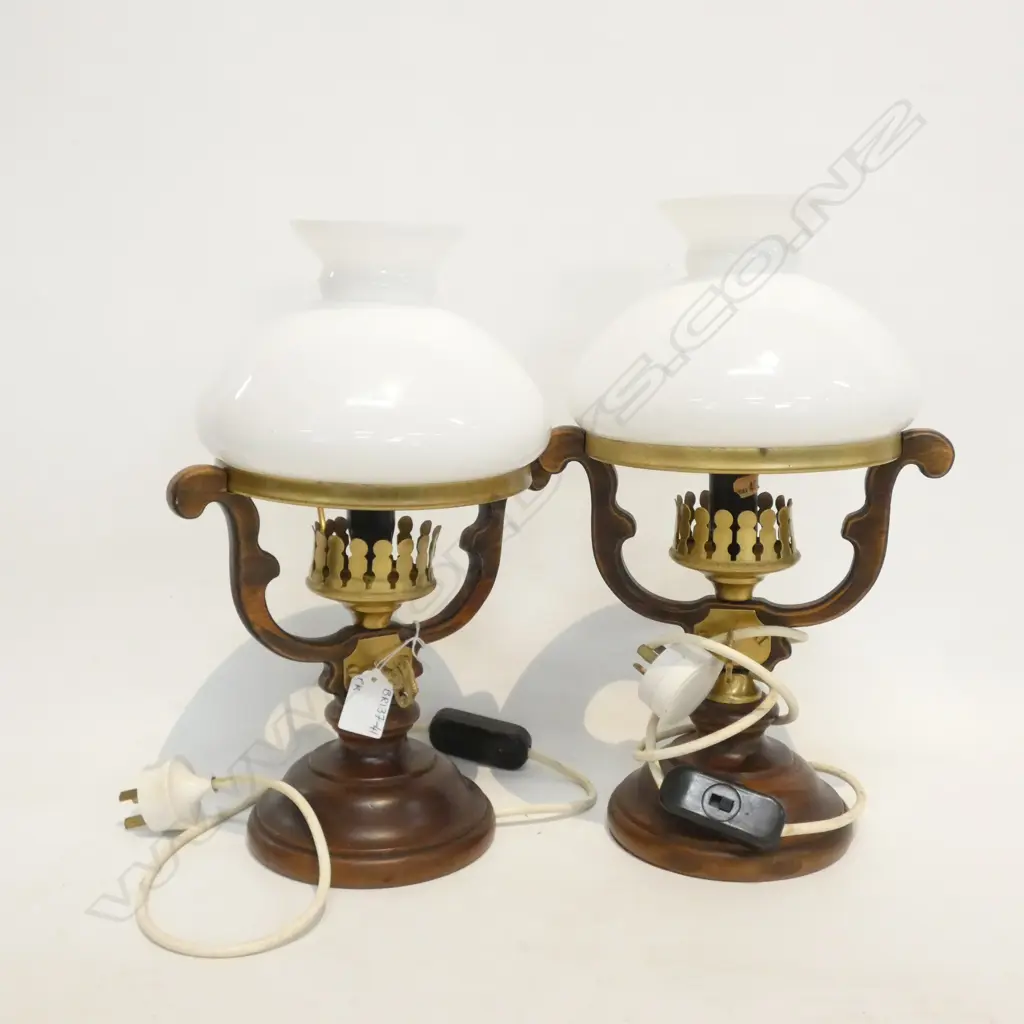 PR WOODEN & BRASS LAMPS WITH WHITE GLASS SHADES H. 360MM Image 1++