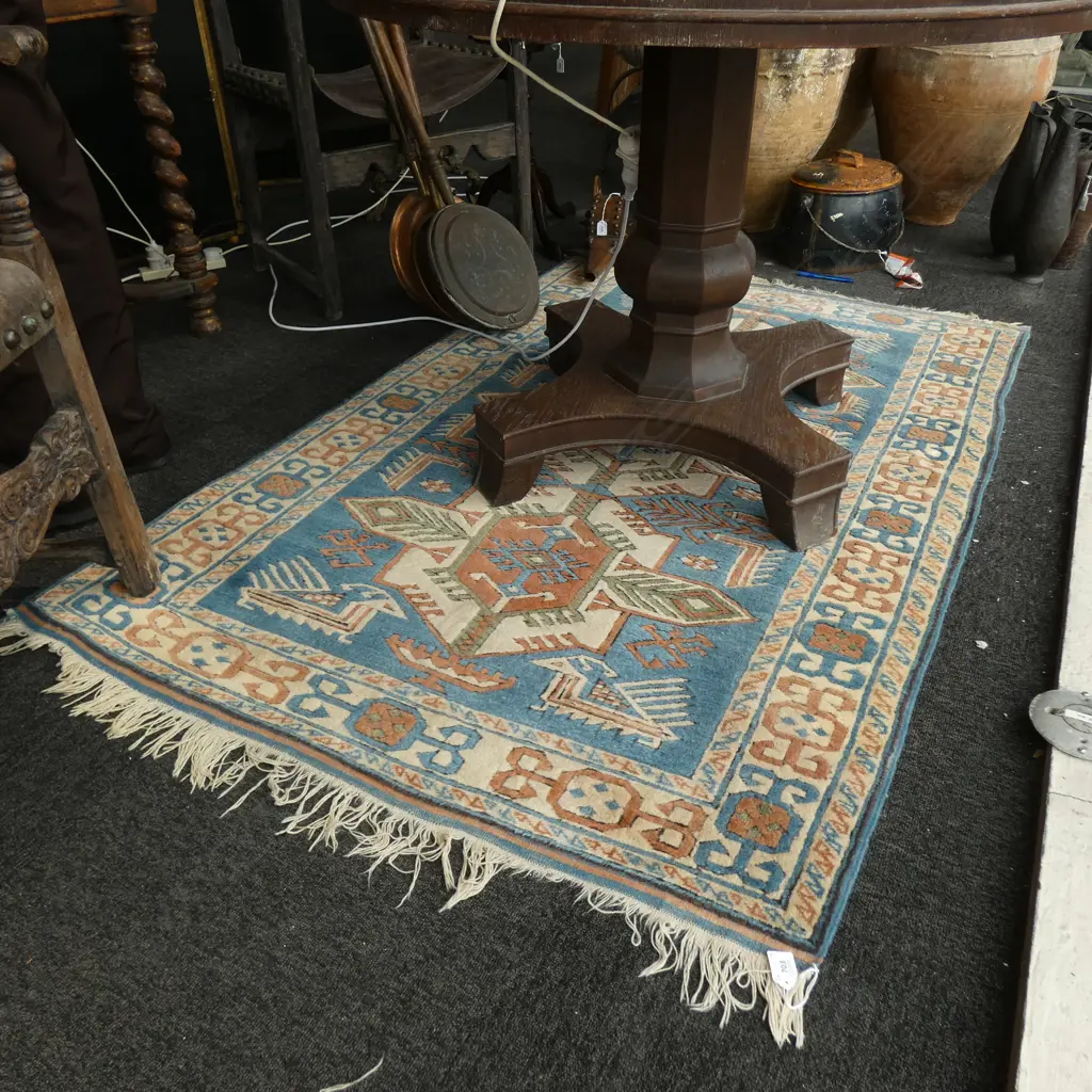 HAND KNOTTED ALL WOOL BLUE GEOMETRIC RUG 1660x1130mm Image 1++