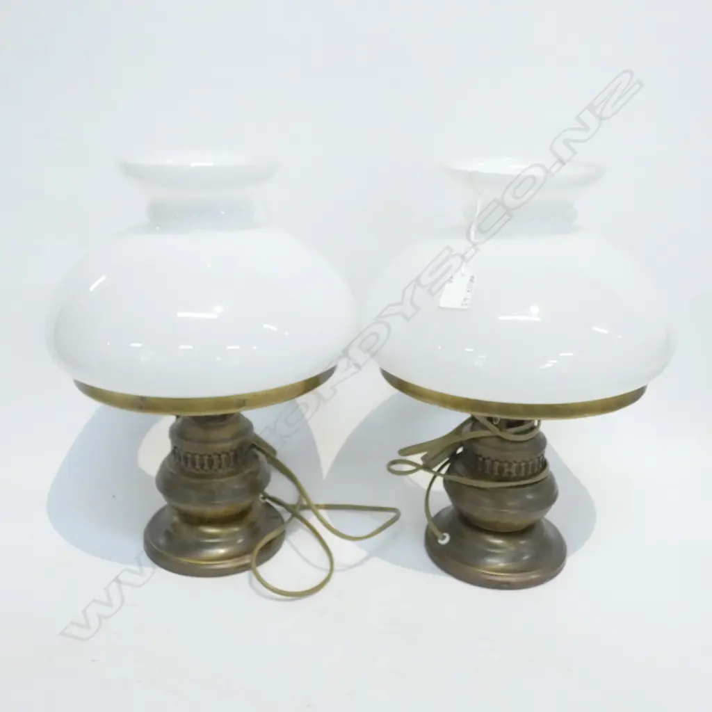 PR BRUSHED BRASS TABLE LAMPS; WHITE GLASS SHADES H. 400 DIA 280MM Image 1++