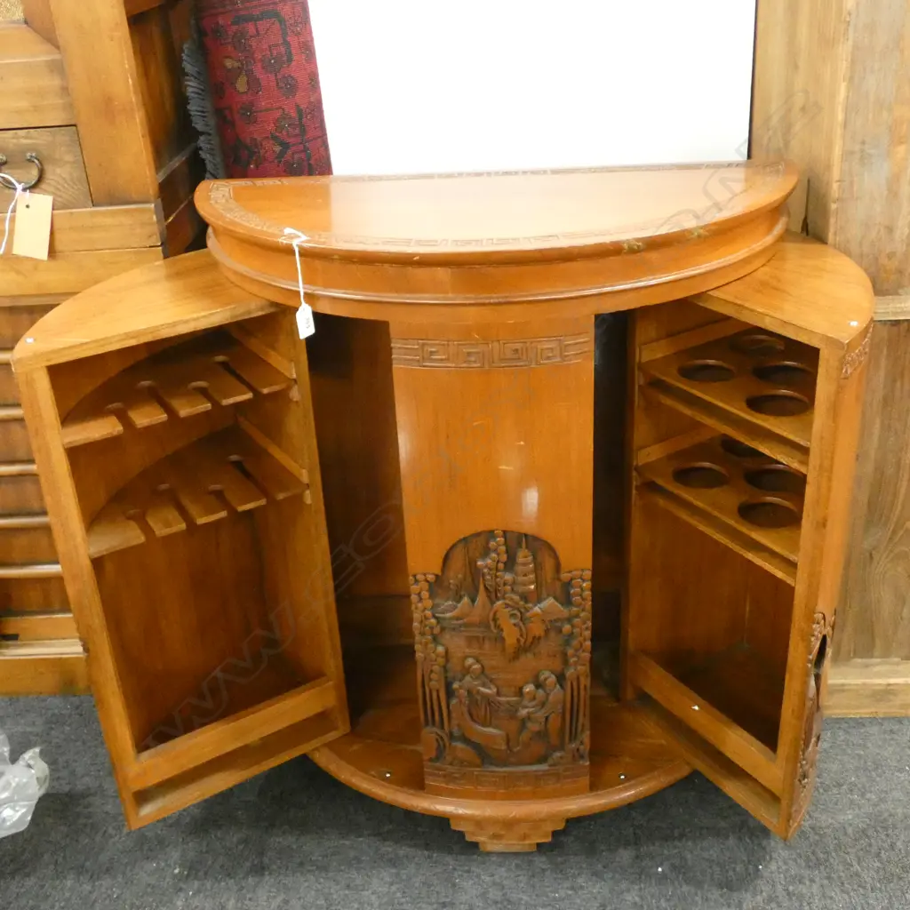 CARVED CHINESE CAMPHOR DEMILUNE DRINKING CABINET... Image 1++