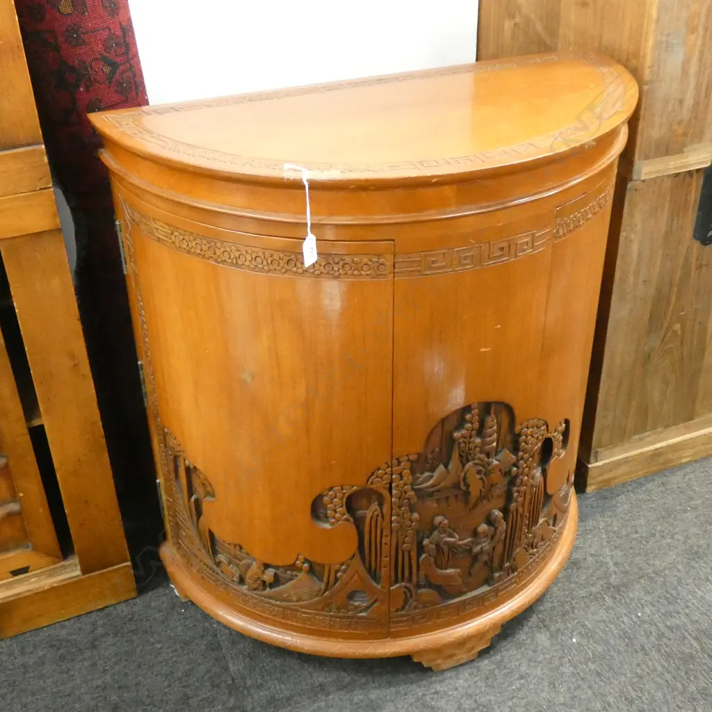CARVED CHINESE CAMPHOR DEMILUNE DRINKING CABINET... Image 1++