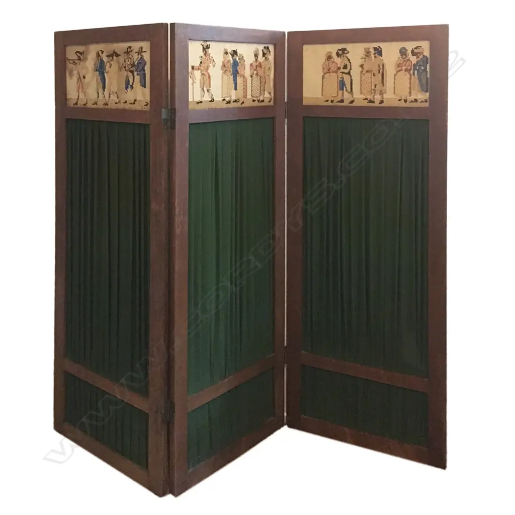 VINTAGE 3-PANEL GREEN FABRIC SCREEN, H. 1390MM... Image 1++