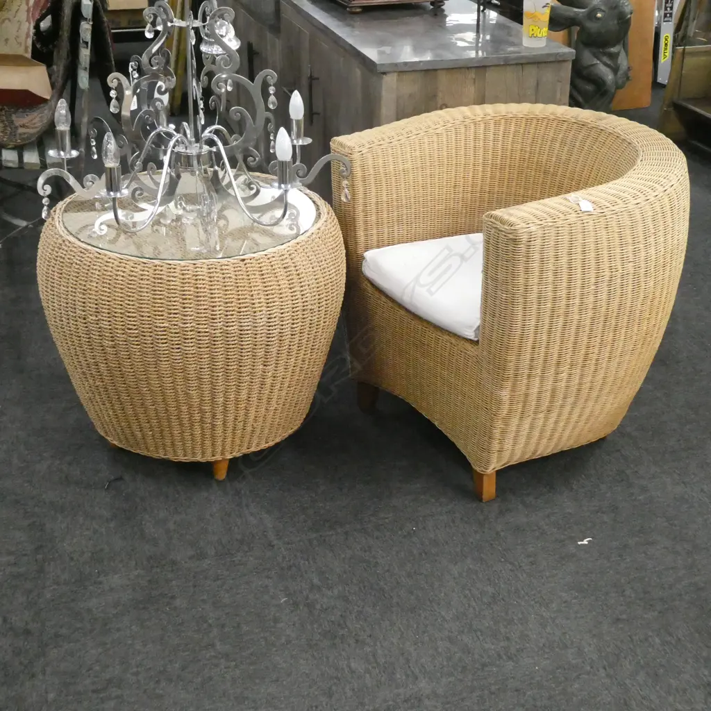 SEAGRASS CAN TUB CHAIR & SIDE TABLE GLASS TOP Image 1++