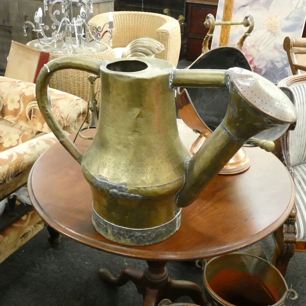 LARGE VICTORIAN TINKER MADE BRASS & COPPER WATERING CAN H.390mm Image 1++
