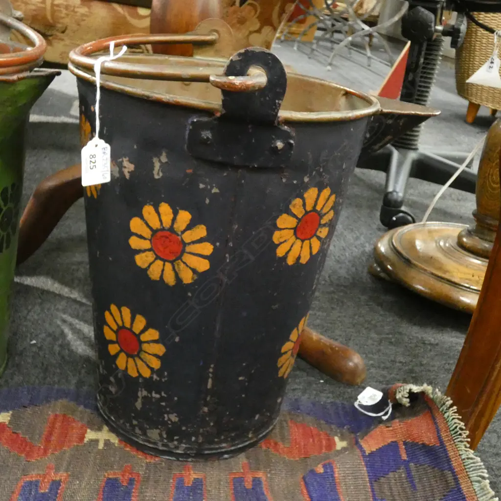 BLUE FLOWER PAINTED VINTAGE METAL BUCKET H.345mm TO RIM Image 1++