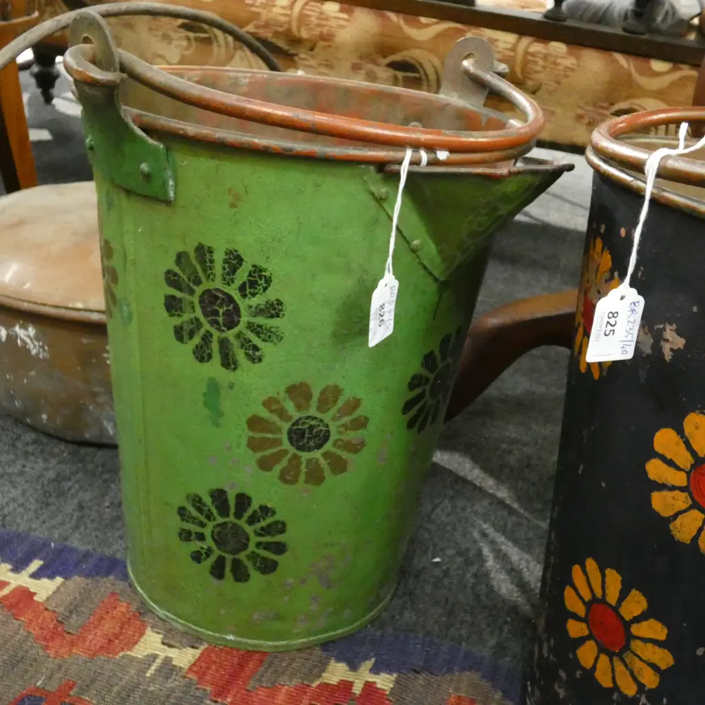 GREEN FLOWER PAINTED VINTAGE METAL BUCKET H.335mm TO RIM Image 1++