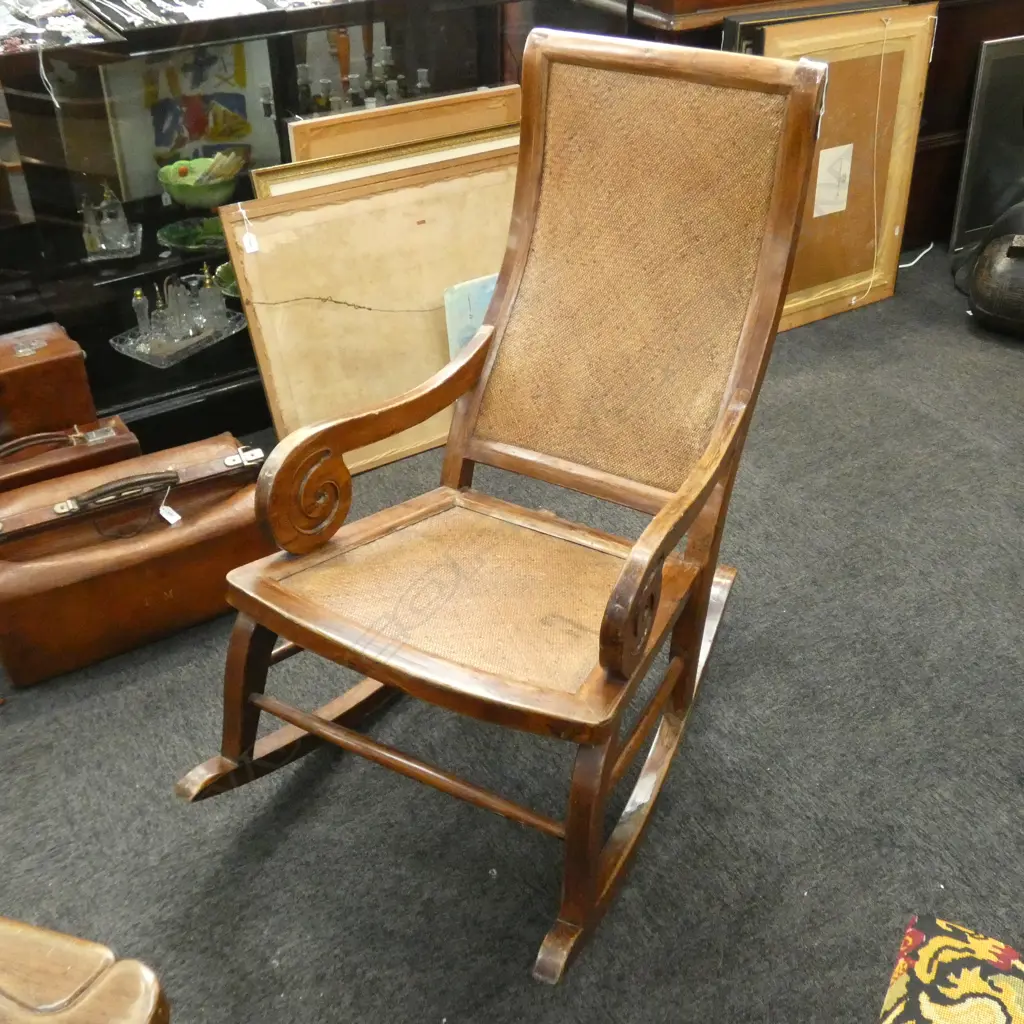 TEAK & WOVEN CANE PLANTATION STYLE ROCKING CHAIR Image 1++