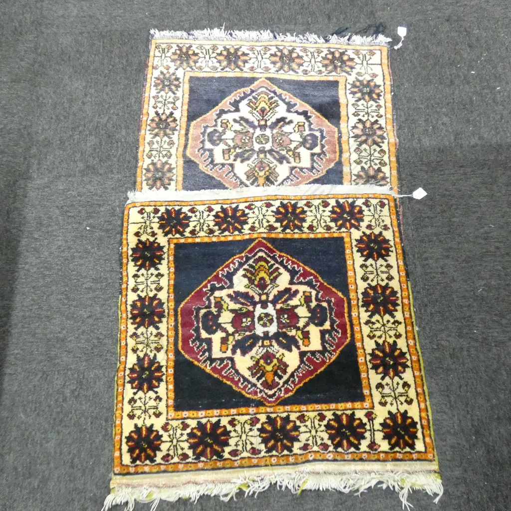 NEAR PAIR HAND KNOTTED WOOL PILE SQUARE RUGS 700mm sq Image 1++