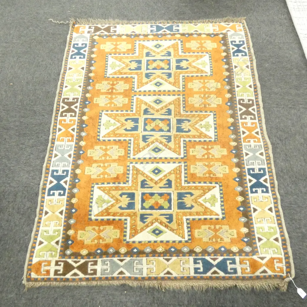 HAND KNOTTED ALL WOOL GEOMETRIC RUG CARAMEL & BLUE TONES... Image 1++
