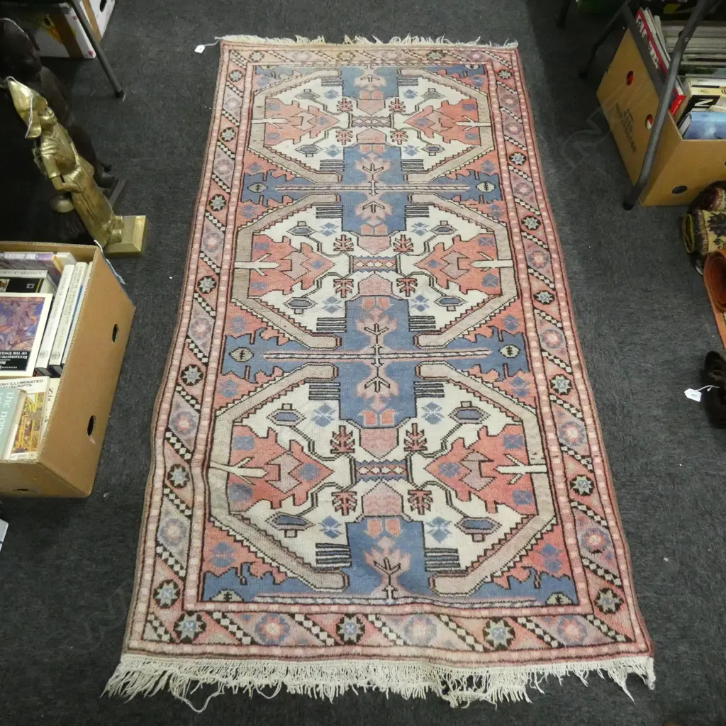 HAND KNOTTED ALL WOOL GEOMETRIC RUG FADED RED BLUE & WHITE 1860x1000mm Image 1++