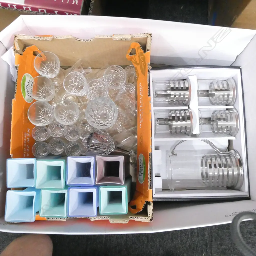 BOX LOT ASST. GLASSES, VASES, COFFEE SET  Image 1++