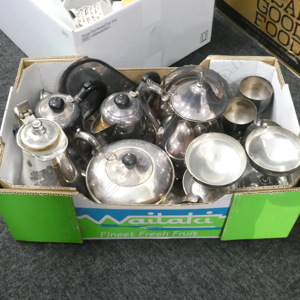 BOX LOT ASST. EPNS TEAPOTS ETC Image 1++