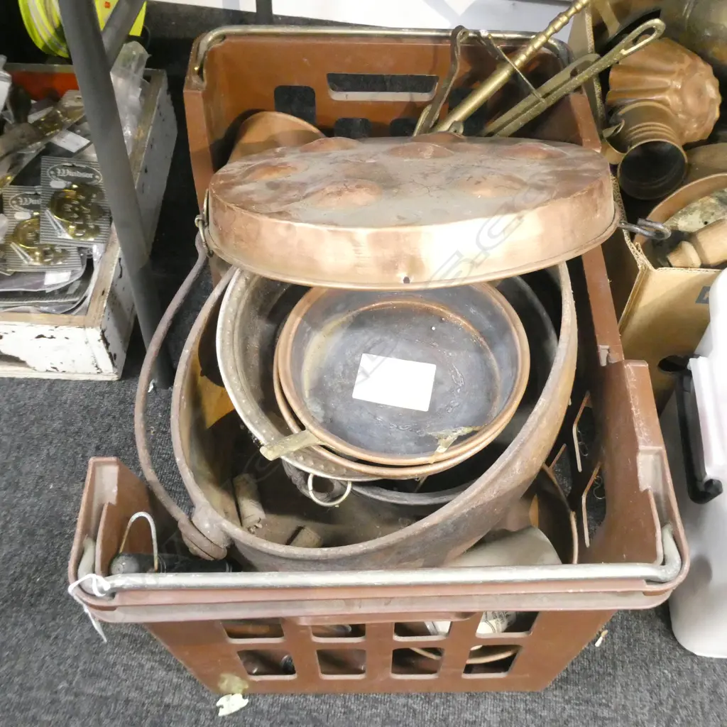 ASST COPPER + BRASS PANS/CAST IRON ETC Image 1++