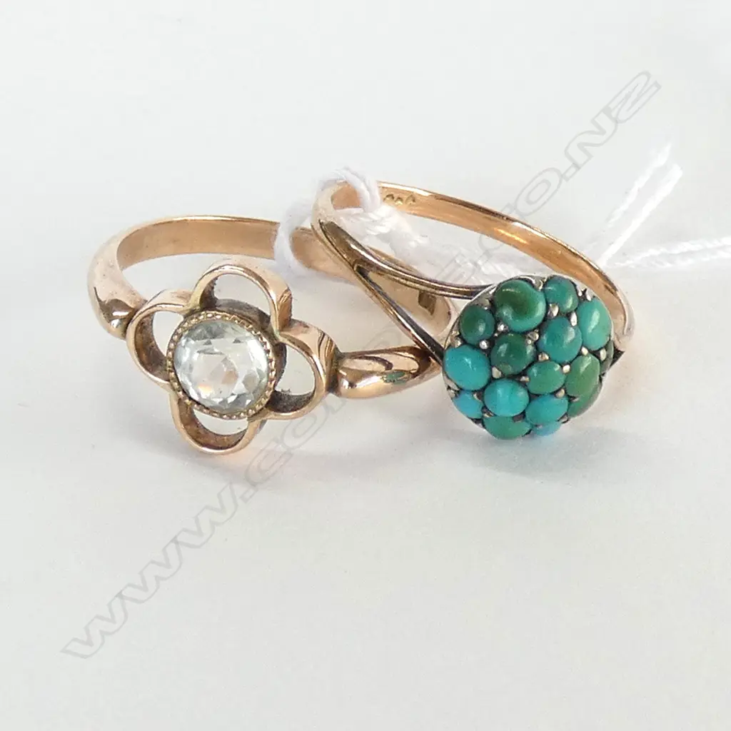 9ct GOLD TURUOISE RING + 9ct SPINEL (OR TOPAZ) RING. TOTAL 3.6gm Image 1++