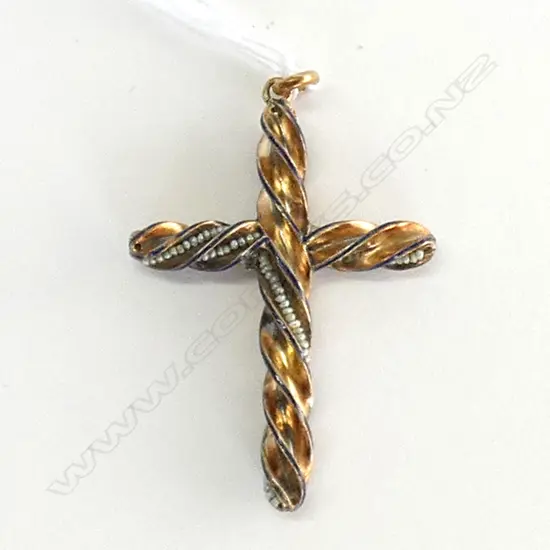 SILVER GOLD ENAMEL & PEARL CROSS (AF)