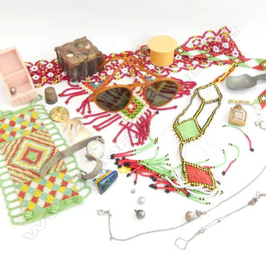 LOT VINTAGE SUN GLASSES/BEADED ITEMS/BOX/THIMBLE ETC