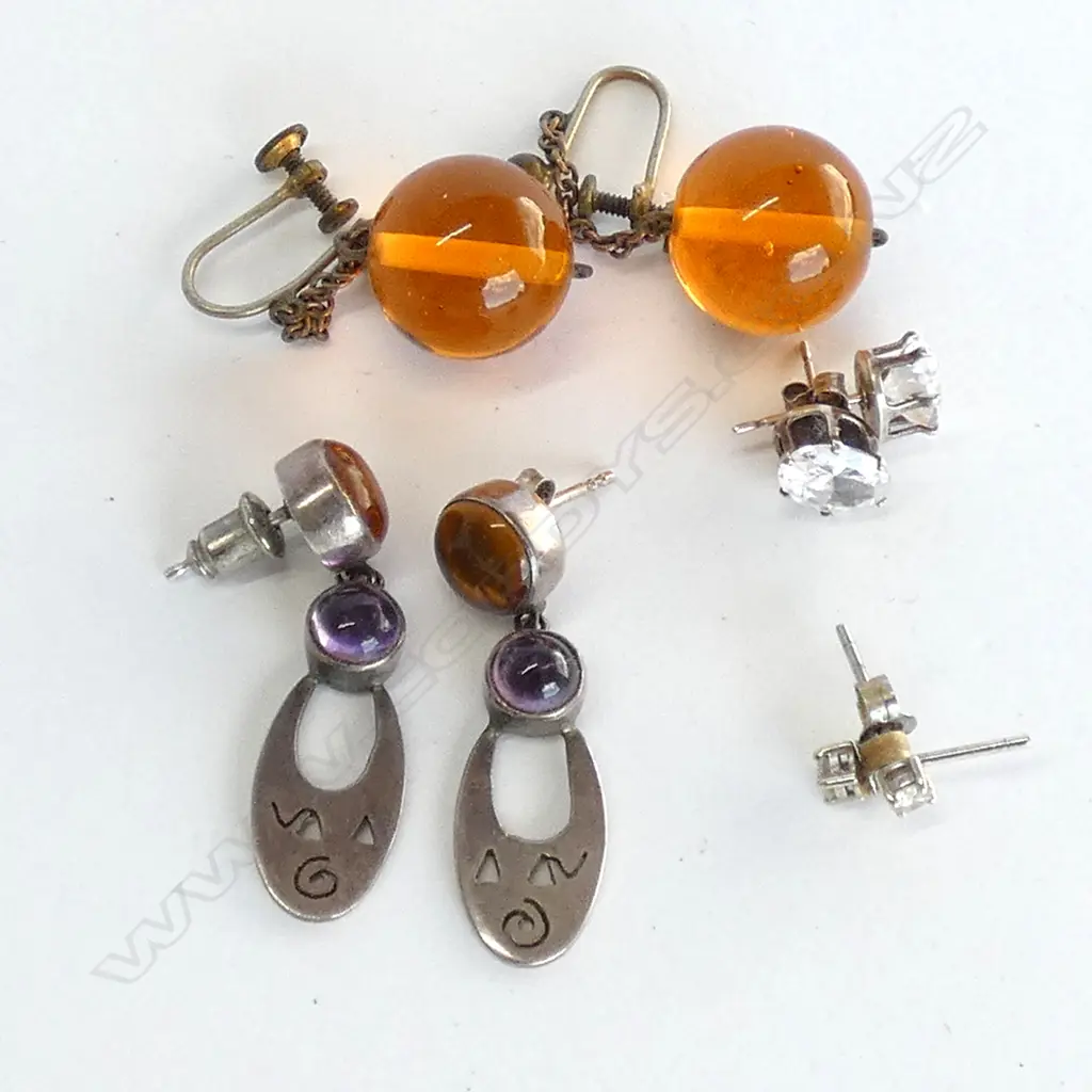 4 PR EARRINGS, STG CZ, STG DIAMONDS, STG CITRINE & AMETHYST, ROLLED GOLD & AMBER(?) Image 1++