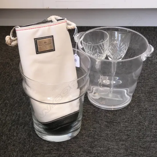2 CHAMPAGNE BUCKETS, MOET BAG, 2 CRYSTAL WINE GLASSES